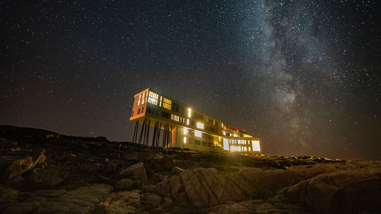 Newfoundland's Fogo Island Inn at night with a starry sky